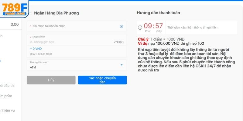 Hướng dẫn giao dịch tại 789F bằng tài khoản ngân hàng