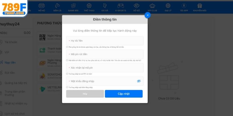 Nạp tiền 789F cần đáp ứng một số điều kiện
